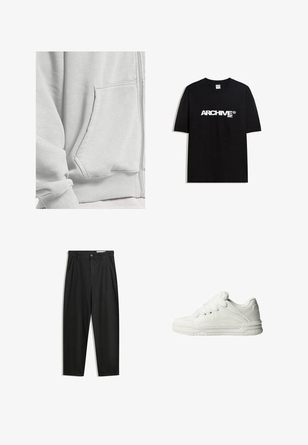 DEF Mikina so zipsom - grey washed; Čierne bavlnené tričko s krátkymi rukávmi a okrúhlym výstrihom, s bielym logom "ARCHIVE inc." na hrudi.; Čierne bavlnené nohavice s voľným strihom, s klasickým pásom, prednými záhybmi a bočnými vreckami. Hladká textúra bez vzorov.; Biele tenisky s hladkým koženým povrchom, polstrovanou jazykovkou, plochými šnúrkami a štruktúrovanými detailmi na stranách a päte.