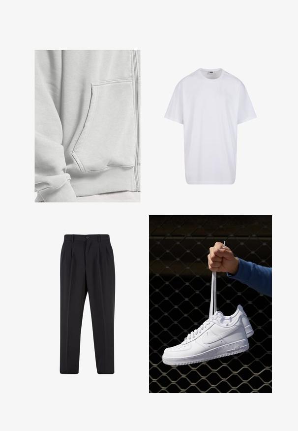 DEF Lukuga pusa - grey washed; Valge puuvillane t-särk lühikeste varrukatega, ümmarguse kaelusega, lõdva lõikega ja ilma nähtavate logodeta või mustriteta. Sile tekstuur ja minimaalne disain.; Mustad püksid, millel on voltidega eesmine disain, valmistatud siledast kangast. Omab nup closure ja vöökinnitusauke; sirge jalgade lõige.; Valged nahast tennisetossud, millel on perforatsioonid, ümar nina, lame tallus ja paksud nöörid, nähtava swooshi logoga ja "AIR" kontsadel.