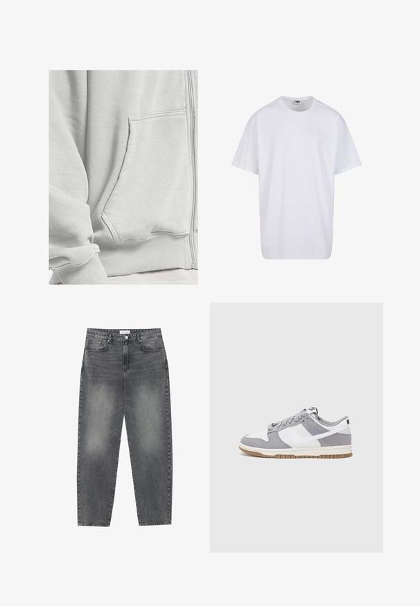 DEF Majica s kapuljačom i patentnim zatvaračem - grey washed; Bijela pamučna majica s kratkim rukavima, zaobljenim izrezom, opuštenog kroja, bez vidljivih logotipa ili uzoraka. Glatka tekstura i minimalni dizajn.; Traperice visokog struka, širokog kroja u izblijedjelom crnom denimu. Imaju pet džepova, petlje za remen, i čist, ravni kroj nogu.; Sivi i bijeli tenisice s gornjištem od antilopa i kože, okruglim vrhom, ravnim vezicama i gumenim potplatom s dodatkom boje gume.