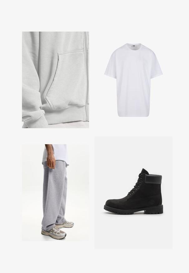 DEF Felpa con zip - grey washed; Maglietta bianca in cotone con maniche corte, scollatura rotonda, vestibilità comoda e senza loghi o motivi visibili. Texture liscia e design minimale.; Pantaloni sportivi grigi realizzati in tessuto morbido, con una vestibilità ampia e una cintura elastica. Abbinati a scarpe da ginnastica beige e grigie.; Stivale alla caviglia nero con lacci, colletto imbottito e suola robusta, mostrato in profilo su uno sfondo bianco.