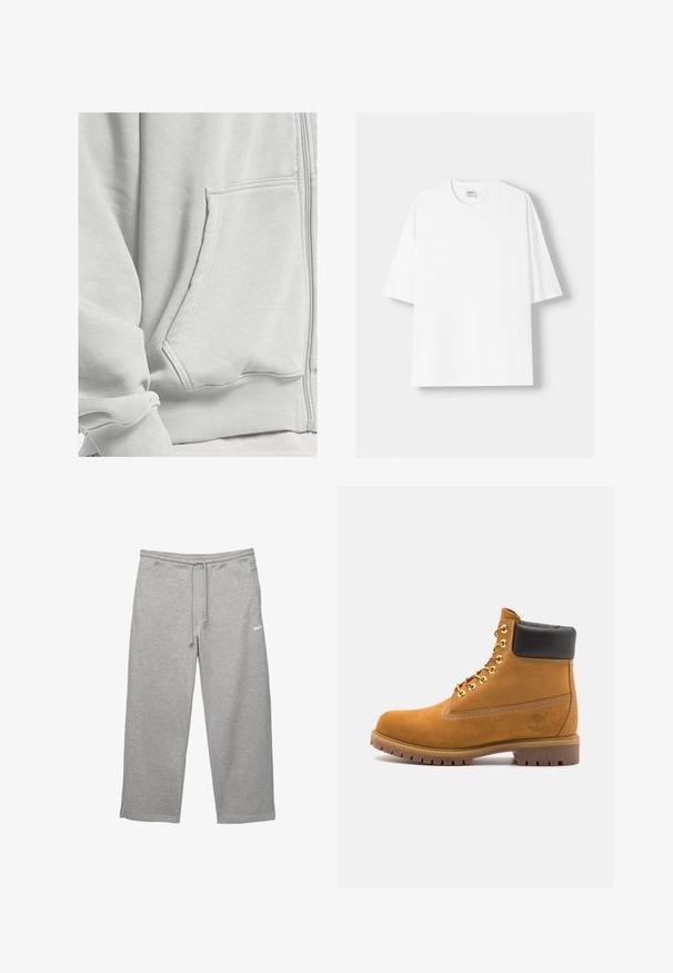 DEF Cipzáras pulóver - grey washed; Fehér, rövid ujjú pamut póló, kerek nyakkivágással és laza szabással. Simább textúra, látható minták vagy díszítések nélkül.; Szürke, puha anyagból készült melegítőnadrág, rugalmas derékpánttal, állítható húzózsinórral és oldalsó zsebekkel. Egy kis fehér logóval rendelkezik.; Barna velúr bokacipő fekete párnázott gallérral, arany fém fűzőlyukakkal, fehér varrási részletekkel és durva gumitalppal, amelynek kifejezett barázdái vannak.