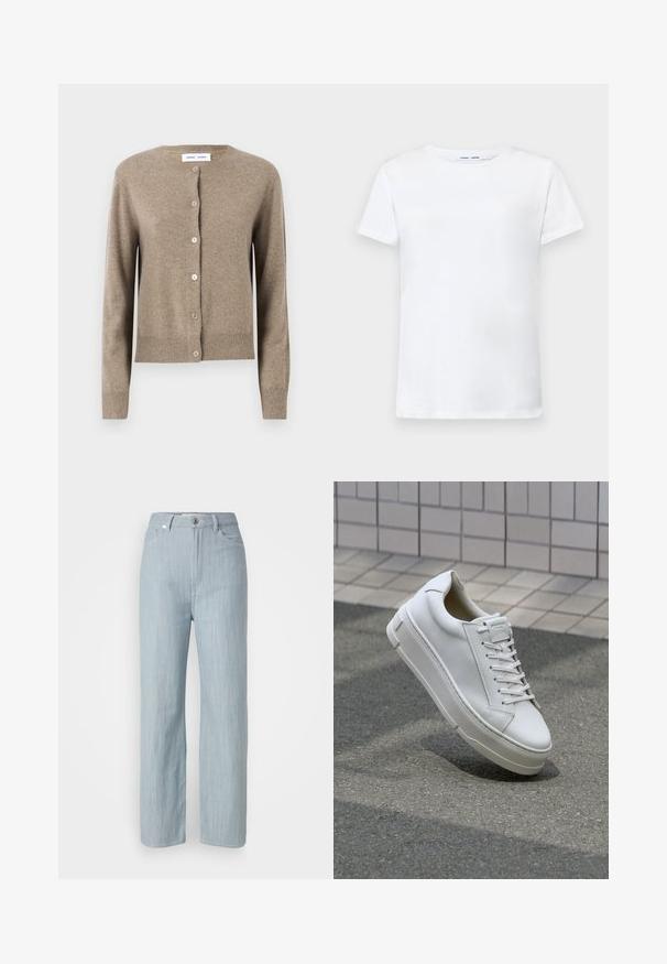 Cardigã de lã bege com decote redondo, mangas longas e cinco botões à frente; bainha e punhos canelados. Textura suave.; T-shirt branca de manga curta feita de algodão com um design de gola redonda. Textura suave e corte reto, sem padrões ou acentos.; Calças de ganga azul-claro de perna reta. Apresentam cinco bolsos, fecho com botão metálico e um leve efeito de desgaste para adicionar textura.; Sapatilhas de couro branco com um design de baixo, atacadores planos, bico arredondado e lados texturizados. Sola de borracha espessa com detalhes subtis.