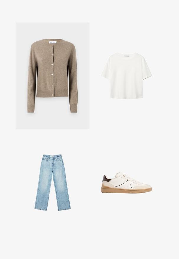 Beżowy kardigan z wełny z okrągłym dekoltem, długimi rękawami i pięcioma guzikami z przodu; prążkowane wykończenie u dołu i rękawów. Miękka tekstura.; Biała koszulka z krótkim rękawem, wykonana z bawełny. Posiada okrągły dekolt i luźny krój. Gładka faktura bez widocznych wzorów czy akcentów.; Jasnoniebieskie jeansy z szerokimi nogawkami i wysokim stanem, z lekko wybledzonym wykończeniem i drobnymi, rozproszonymi przetarciami.; Stradivarius - Sneakersy niskie