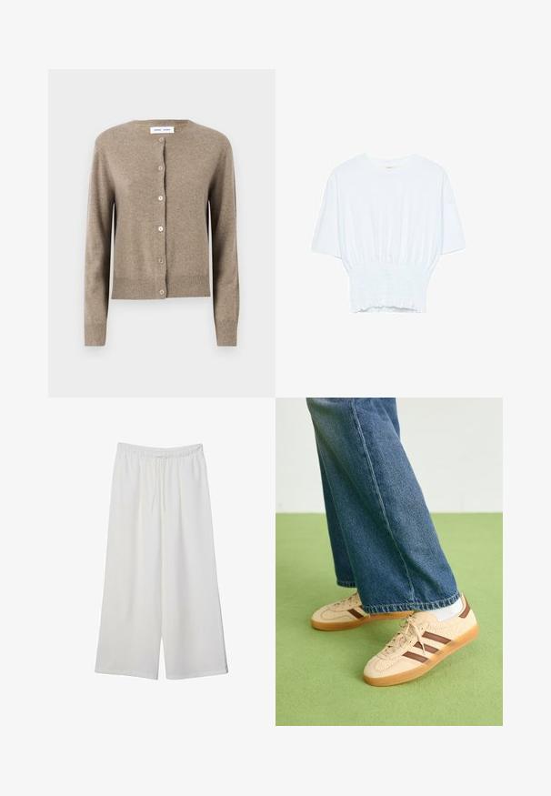 Béžový vlnený kardigán s okrúhlym výstrihom, dlhými rukávmi a piatimi gombíkmi na prednej strane; rebrovaný lem a manžety. Jemná textúra.; Biela krátka T-shirt s voľným strihom a zlaceným textúrou v oblasti pása. Vyrobená z mäkkého, ľahkého materiálu.; Biele široké nohavice z ľahkého materiálu s elastickým pásom a šnúrkou na nastavenie veľkosti. Hladká textúra.; Béžové tenisky s textúrovanými krémovými panelmi a hnedými pruhmi, skombinované s modrými džínsami. Džínsy majú široké nohavice a roztrhnutý lem.