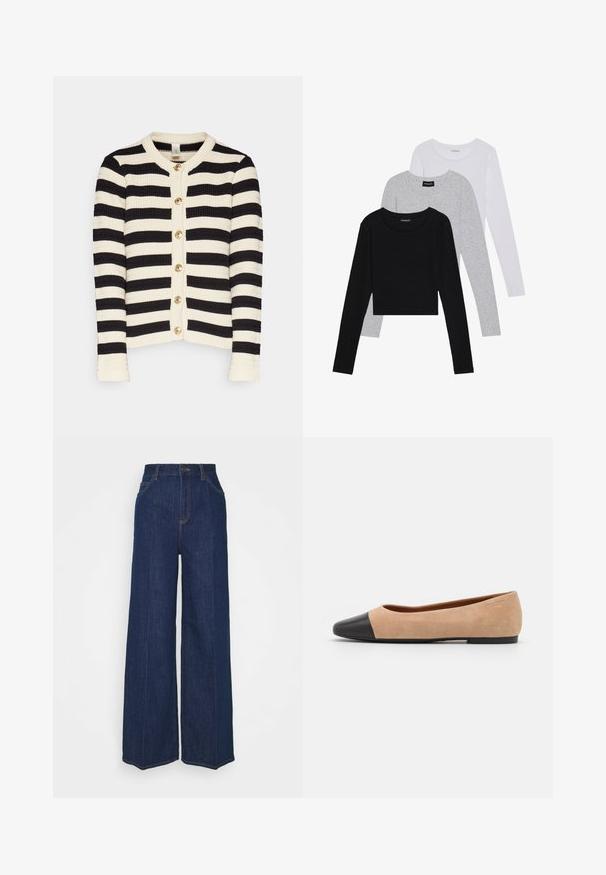 YAS YASSIRIKA CARDIGAN - Cardigan - birch stripe/black stripe; Three long-sleeve tops stacked: black, grey, and white. Each has a round neckline and a cropped design with smooth, lightweight fabric.; High-waist wide-leg dark blue denim jeans with front and back pockets, button closure, and visible stitching details.; Beige suede ballet flat with a black leather rounded toe cap, low heel, and smooth texture, featuring minimal stitching and a clean design.