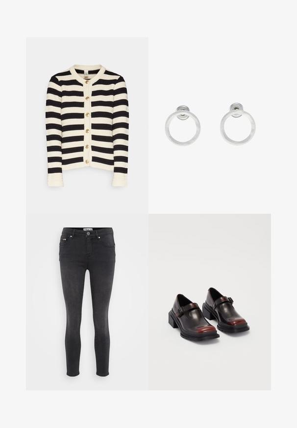 YAS YASSIRIKA CARDIGAN - Kardigán - birch stripe/black stripe; Even&Odd Petite 3 PACK - Top s dlhým rukávom - black/white/light green; Čierne skinny džínsy z denimu. Obsahujú predné zapínanie na gombík a zipsovú kapsu v páse. Hladká štruktúra s minimálnym vyblednutím.; Kožené topánky na blokovom podpätku s lesklým tmavo burgundským povrchom, so zapínaním na pracku a zaobleným špicom. Štruktúrovaná podošva pre lepšiu priľnavosť.; Strieborné kovové náušnice vo forme kruhov s brúsenou textúrou, so zaobleným dizajnom a priehľadným zarážkou pre bezpečné nosenie.