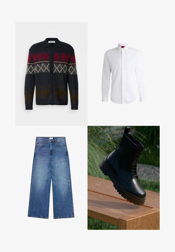 Tamna pletena cardigan jakna s uzorkom argyle u crvenoj, krem i maslinastoj zelenoj boji, s ovratnikom i prednjim gumbima.; Bijela košulja s dugim rukavima izrađena od glatke tkanine, s klasičnim ovratnikom i zaobljenim rubom. Ima bež gumbe sprijeda.; Modre široke traperice od svijetlog denima, s kopčanjem na gumb, četiri džepa i blagim izblijedjelim uzorkom po tkanini.; Crne kožne gležnjače s teksturiranom površinom, vezanjem sprijeda i debelim, nazubljenim potplatom. Prikazane na drvenoj površini s pozadinom od trave.