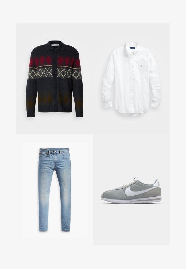 Mørk strikkegenser med et argyle-mønster i rød, kremfarge og olivengrønn, med kragehals og frontknapper.; Hvit langermet skjorte i bomull med knapper. Har en klassisk krage, knappe mansjetter og en liten marineblå brodert logo på brystet.; Lyseblå slim-fit jeans med svak falming på lårene, frontknappelukking, beltehemper, og fem-lomme design på hvit bakgrunn.; Grå idrettssko med overdel i semsket skinn og tekstil, hvit Nike swoosh og hvite snøringer. Har en teksturert gummisåle og polstret krage.