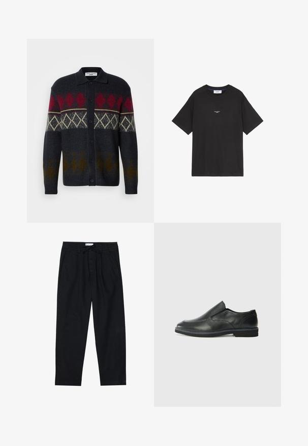 Cardigan tricotat închis la culoare, cu un model argyle în roșu, crem și verde măslinie, având guler și nasturi pe partea din față.; Tricou din bumbac negru cu guler rotund și mâneci scurte. Prezintă un detaliu mic cu un logo alb în față. Design simplu, croială relaxată.; Pier One Pantaloni chino - black; Pantof de piele neagră, tip slip-on, cu un superior neted, accente cusute, vârf rotunjit și un toc jos din cauciuc. Talpa are un profil minim de aderență.