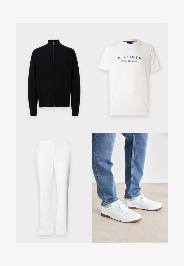 Čierny zapínací sveter s vysokým golierom, vyrobený z pletenej tkaniny. Má dlhé rukávy a hladký, textúrovaný povrch.; Biele bavlnené tričko s okrúhlym výstrihom, krátkymi rukávmi a centrálnym logom s nápisom "HILFIGER USA 1985" v námorníckej modrej farbe s červeným a modrým emblémom.; Biele bavlnené nohavice so strihom rovného nohavice, prednými vreckami, jednom gombíkovým zapínaním a hladkou textúrou.; Biele športové tenisky s textúrovanou kožou a gumovými podrážkami, s šedými akcentmi a šnúrkami. Nosené s modrými džínsy.