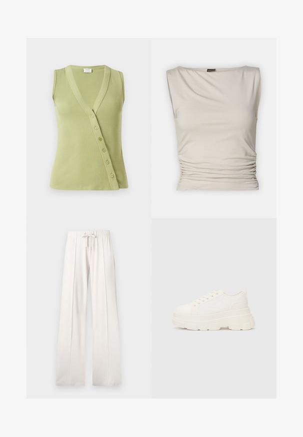 Vaaleanvihreä hihaton toppi, joka on valmistettu ribbitetystä materiaalista. Ominaisuuksiin kuuluu V-pääntie ja seitsemän nappia sivussa sulkemista varten.; Gina Tricot SOFT TOUCH BOATNECK TOP - Toppi - pumice stone; Vaaleanbeiget collegehousut, joissa on pehmeä kangas, nyörikuja vyötäröllä, leveät lahkeet ja pystysaumat, sekä sileä pinta.; Valkoinen kangaskenkä paksulla pohjalla, pyöreällä kärjellä ja viidellä nauhakuutiolla. Takareunan vipu helpottaa pukemista. Sileä pinta, minimalistinen muotoilu.