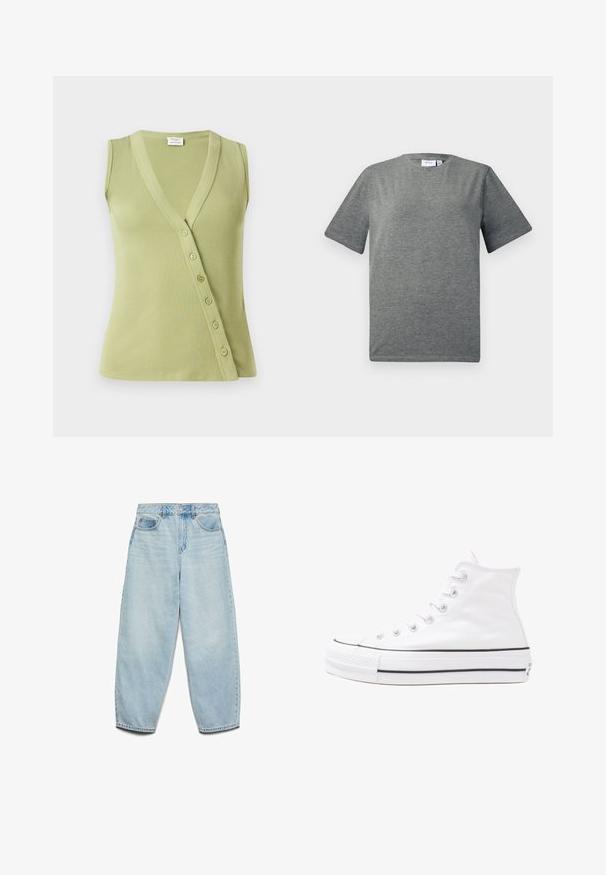 Lichtgroene mouwloze top van ribmateriaal. Heeft een v-hals en zeven knopen langs de zijkant voor sluiting.; Grijze, korte mouw t-shirt gemaakt van een zachte katoenmix. Ronde halslijn, losse pasvorm met een soepele textuur en een minimalistisch ontwerp.; Lichtblauwe denim jeans met een relaxte pasvorm, hoge taille en wijde pijpen met een licht vervaagde textuur en een klassiek vijfzakontwerp.; Witte high-top canvas sneakers met een zwarte rubberen zool, een rubberen neuskap aan de voorkant en zes gaatjes voor veters, met een schone, minimalistische uitstraling.