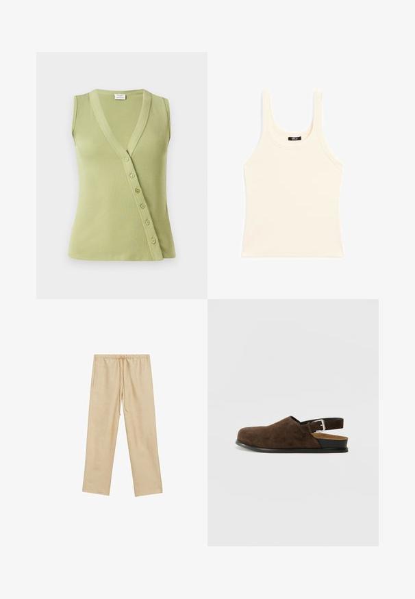 Light green sleeveless top made of ribbed material. Features a v-neckline and seven buttons along the side for closure.; Light beige tank top made of ribbed fabric, featuring a round neckline and thick straps, with a fitted shape and minimal detailing.; Light beige, loose-fitting trousers with an elastic waistband and drawstring. Features two side pockets and a smooth texture.; Brown suede slip-on shoe with a low heel, an adjustable strap with a silver buckle, and a black rubber sole.