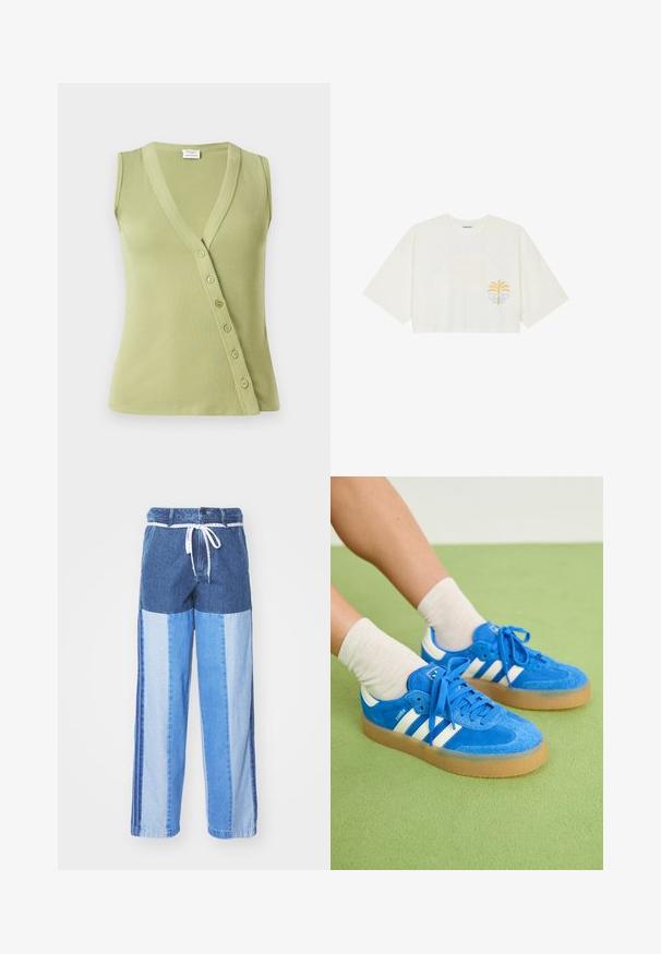 Light green sleeveless top made of ribbed material. Features a v-neckline and seven buttons along the side for closure.; Cropped white t-shirt in cotton with short sleeves, featuring yellow palm tree and blue wave graphic on the left chest.; Blue denim pants featuring a patchwork design with varying shades of blue, a drawstring waist, and loose, straight-cut legs.; Blue suede sneakers with white stripes, gum sole, round toe, and fabric laces. Paired with cream socks on a green surface.