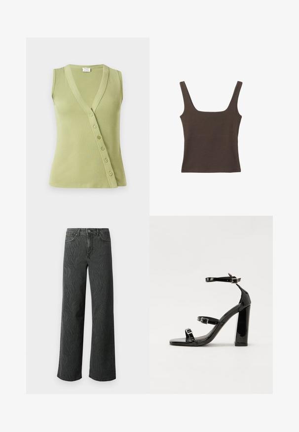 Světle zelený top bez rukávů vyrobený z žebrovaného materiálu. Má výstřih do V a po straně sedm knoflíků na zapínání.; Hnědý bezramínkový top se čtvercovým výstřihem vyrobený z měkké, elastické tkaniny. Má přiléhavý design a ploché švy.; Široké džíny z tmavě šedého denimového materiálu, s jemnou texturou zebřího vzoru, kontrastním prošíváním a pěti kapsami s knoflíkovým zapínáním.; Černé lakované sandály na podpatku se čtveratou špičkou, lýtkovými pásky a stříbrnými přezkami. Disponují masivním blokovým podpatkem pro stabilitu.