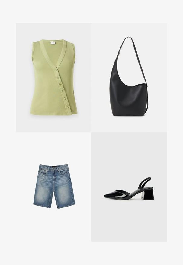 Svetlozelený top bez rukávov vyrobený z rebrovanej látky. Má výstrih do V a sedem gombíkov po boku na zapínanie.; Biela krátkopsová tričko vyrobené z bavlny. Má okrúhly výstrih a voľný strih. Hladká textúra bez viditeľných vzorov alebo akcentov.; Džínové šortky v svetlomodrej farbe, s opaskom na pások, piatimi vreckami a mierne vybledlým povrchom pre opotrebovaný vzhľad.; Čierne lakované kožené sandálové podpätky s špicatou špičkou a geometrickým blokovým podpätkom. Disponujú elegantným, minimalistickým dizajnom a hladkým povrchom.; Čierna kožená hobo taška so hladkou textúrou, zakriveným tvarom a jedným nastaviteľným popruhom; má široké otvorenie na vrchu.