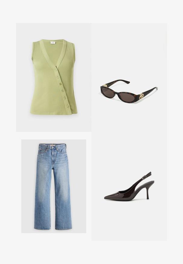 Top verde deschis fără mâneci, fabricat din material ribbed. Are un decolteu în formă de V și șapte nasturi pe lat pentru închidere.; Camisole alb cu decolteu în formă de V, cu dantelă delicată la margini, bretele subțiri ajustabile și un material moale și neted.; Blugi largi din denim de un albastru deschis, cu talie înaltă, zone decolorate, cinci buzunare și cusături contrastante. Închidere clasică cu nasture și fermoar.; Pantof cu toc înalt Slingback din piele sintetică lucioasă de culoare maro închis, vârf ascuțit, laterale deschise și curea ajustabilă la glezne.; Ochelari de soare din țiglă cu lentile ovale alungite, nuanță maro, accente cu logo auriu pe brațele laterale și brațe negre elegante.; Cercei aurii cu swirl, cu grund transparent, având accente texturate din aur și mici pietre clare încorporate în design.