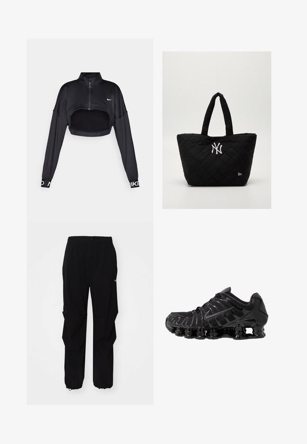 Giacca sportiva nera cropped con colletto alto, maniche lunghe, chiusura frontale con cerniera e dettaglio del logo bianco sui polsini. Tessuto liscio.; Maglietta sportiva nera a maniche lunghe con mezzo zip, colletto, logo Nike riflettente e cuciture piatte per comfort e vestibilità aderente.; Pantaloni neri da esterno realizzati in materiale resistente, con vestibilità rilassata, cintura elastica e polsini regolabili per lunghezza adattabile.; Scarpa sportiva nera con tomaia in mesh e sovrapposizioni lucide. Presenta un'imbottitura a molla curva e linee texturizzate sul lato. Logo Nike visibile.; Borsa a spalla nera imbottita con doppi manici, dotata di un logo bianco dei New York Yankees e un piccolo emblema del marchio sul lato.