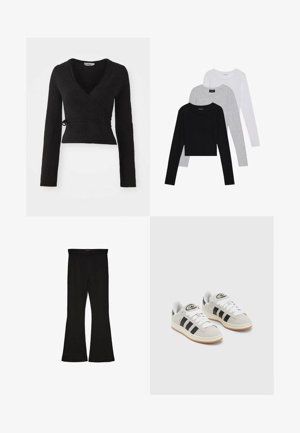 Svart omslagsgenser laget av teksturert stoff. Har lange ermer, dyp V-hals og en knytelukking i midjen.; Tre lange ermer t-skjorter stablet: svart, grå og hvit. Hver har en rund hals og et kort design med glatt, lett stoff.; Sorte flared leggings laget av stretchy stoff. Har en bred midjebånd og en glatt tekstur, med en tettsittende silhuett som blir videre nedover.; Grå semsket sneakers med hvite lisser, svarte striper og en hvit gummisåle. Har en sirkulær logo på tungen og en gummisåle.