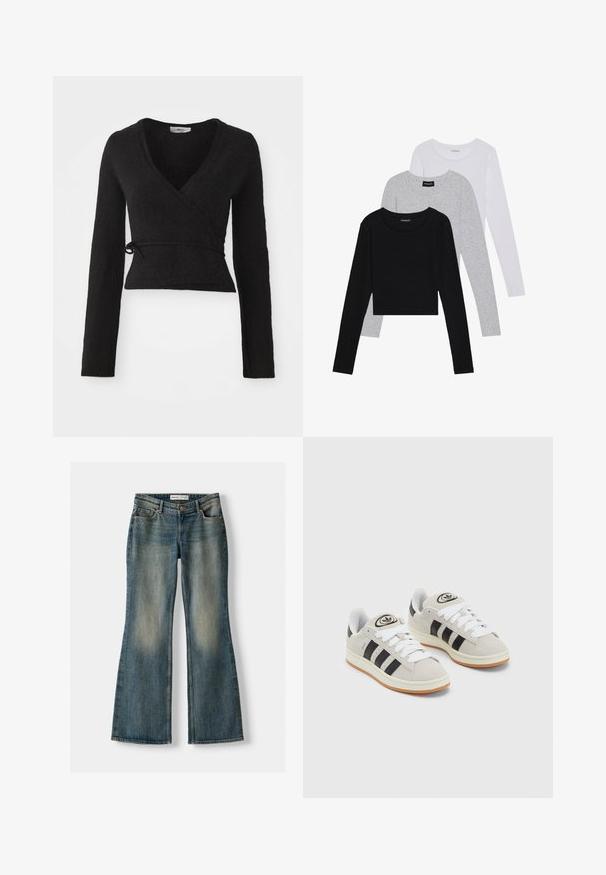 Černý svetr z obalového materiálu, vyrobený z texturované látky. Má dlouhé rukávy, hluboký výstřih do V a zavazování v pase.; Tři trička s dlouhým rukávem naskládaná na sobě: černé, šedé a bílé. Každé má kulatý výstřih a kratší střih z hladkého, lehkého materiálu.; Modré zvonové džíny se zesvětleným práním, pěti kapsami a zapínáním na knoflík. Materiál vykazuje denimovou strukturu s jemnými detaily šití.; Šedé semišové tenisky s bílými tkaničkami, černými pruhy a bílou gumovou podrážkou. Mají kulaté logo na jazyku a gumovou podrážku.
