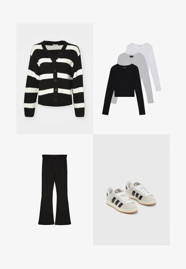 Melnas un baltas svītrainas adītas kardigāns ar V veida kakla izgriezumu, pogu aizdari un garām piedurknēm. Rūpīgi teksturēts audums ar brīvu griezumu.; Trīs garām piedurknēm veidotas augšdaļas, sakrautās: melna, pelēka un balta. Katram ir noapaļots kakla izgriezums un īsa dizaina forma ar gludu, vieglu audumu.; Melnas flared leggings, kas izgatavotas no stiepjama auduma. Iezīmējas ar platu jostasvietu un gludu tekstūru, ar pieguļošu siluetu, kas paplašinās pie apakšmalas.; Pelēkas zamšādas kedas ar baltām saites, melnām svītrām un baltu gumijas zoli. Raksturīga apļa logo uz mēles un gumijas zole.
