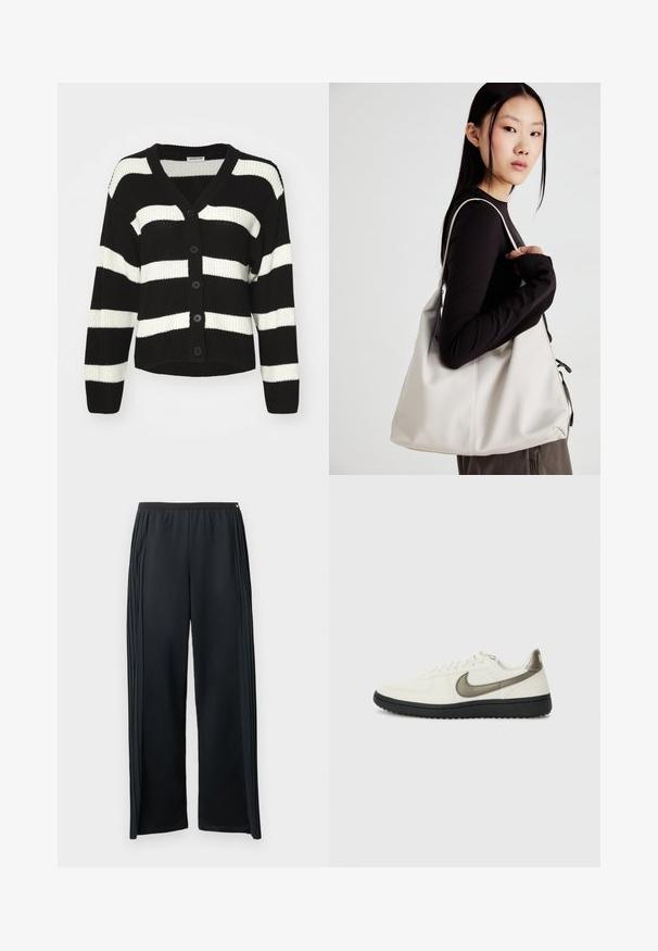 Mustat ja valkoiset raidalliset neulecardiganet, joissa on V-pääntie, napit edessä ja pitkät hihat. Teksturoitu kangas rentoa istuvuutta varten.; Kaksi lyhythihaista t-paitaa mustana ja valkoisena. Valmistettu pehmeästä puuvillasta, jossa on pyöreä kaula-aukko ja normaali istuvuus, jossa on minimaalista ompelutaitoa.; Mustat urheiluhousut, jotka on valmistettu pehmeästä kankaasta. Housuissa on leveät lahkeet, joustava vyötärönauha ja pystysuorat laskokset sivuilla.; Nike Sportswear FIELD GENERAL - Matalavartiset tennarit - off-white/black; Beige laukku, joka on valmistettu pehmeästä materiaalista, ja siinä on rento muotoilu, ommeltu yksityiskohtia ja kaksi olkahihnaa. Sopii päivittäiseen käyttöön.