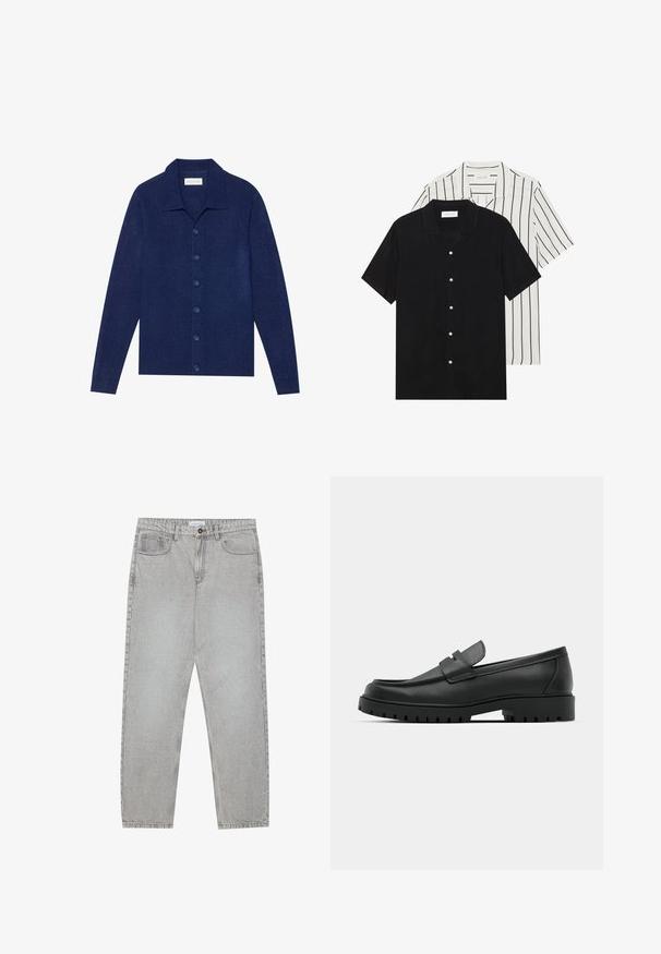 Mornarsko plava dugmadna kardigan, napravljen od teksturiranog materijala, sa kragnom i dugim rukavima, sa šest usklađenih dugmadi.; Dva kratka rukava košulje: jedna potpuno crna, a druga bijela s crnim okomitim prugama. Obje imaju dugmad i klasični ovratnik.; Svijetlosivi traper hlače s ravnim nogavicama, stilom s pet džepova i kopčanjem na gumb. Vidljivo šivenje duž šavova.; Crne kožne mokasine s zaobljenim vrhom, s ušivenim dizajnom, niskom platformom i teksturiranim, gumenim potplatom s izbočinama.