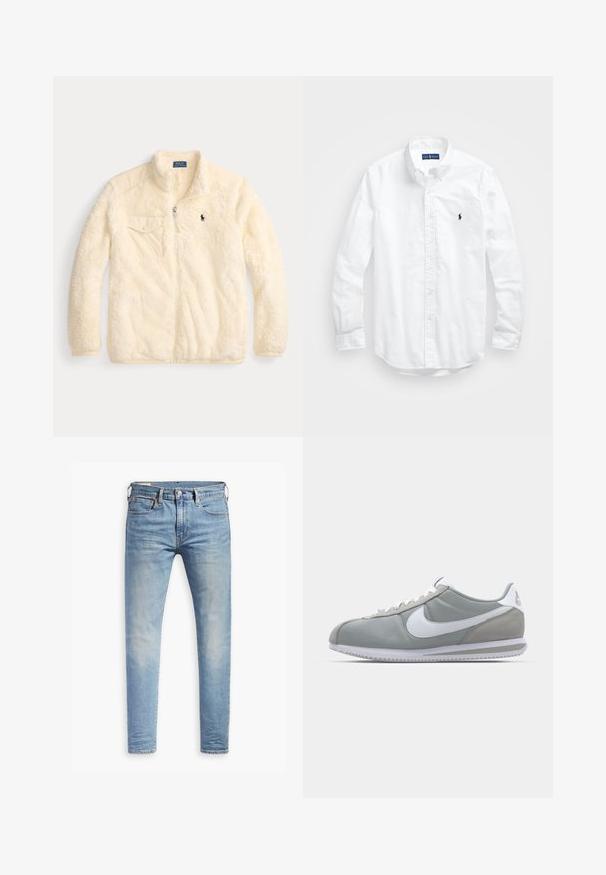 Jakna od kremaste flanelske tkanine sa zatvaračem sprijeda, uspravnim ovratnikom, lijevim džepom na prsima i malim izveznim logotipom na prsima. Mekana i teksturirana tkanina.; Bijela košulja dugih rukava s gumbima izrađena od pamuka. Ima klasični ovratnik, gumbaste manžete i mali brodasti logo u tamnoplavoj boji na prsima.; Svijetloplave uske traperice s laganim izblijedjenjem na bedrima, prednje kopčanje na dugme, petlje za remen i pet džepova na bijeloj pozadini.; Sive sportske tenisice s gornjim dijelom od antilopa i tekstila, bijelim Nike swooshom i bijelim vezicama. Imaju teksturirani gumeni đon i podstavljeni ovratnik.