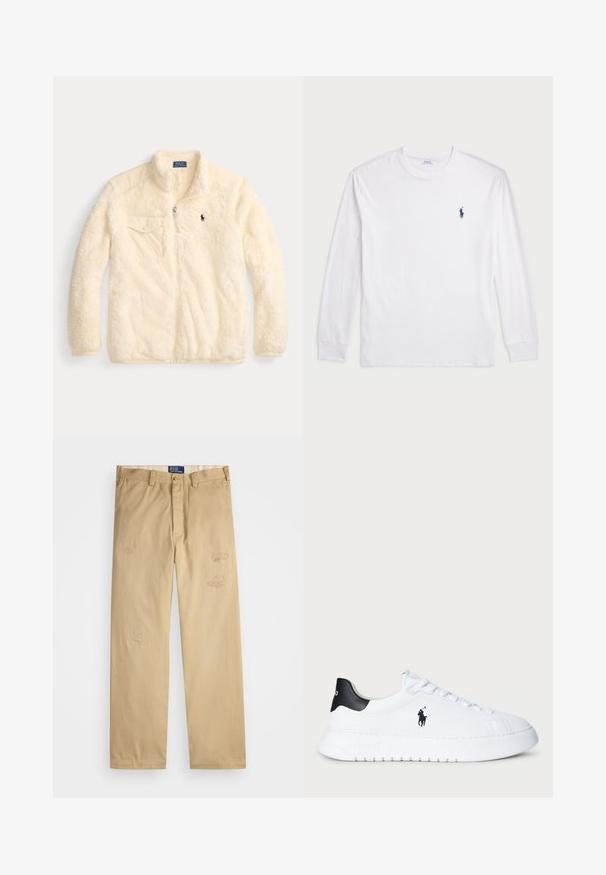 Kreminės spalvos fliso striukė su užtrauktuku priekyje, aukšta apykakle, kairėje krūtinės pusėje kišenė ir mažas siuvinėtas logotipas ant krūtinės. Minkšta ir tekstūruota medžiaga.; Balta ilgomis rankovėmis marškinėliai iš medvilnės. Gali būti apvalios formos kaklas, raukšlės ant rankovių, ir nedidelis tamsiai mėlynas polo logotipas kairėje krūtinės pusėje.; Braški medvilniniai kelnės su tiesiu kirpimu. Priekyje yra dėvėti priežiūros elementai ir siuvinėjimo detalės. Klasikinis mygtuko ir užtrauktuko uždarymas.; Balti žemesnio profilio sportiniai bateliai su juodu kulno užtrauktuku ir juodu Polo Ralph Lauren logotipu šone, su baltais raišteliais ir storu guminiu padu.