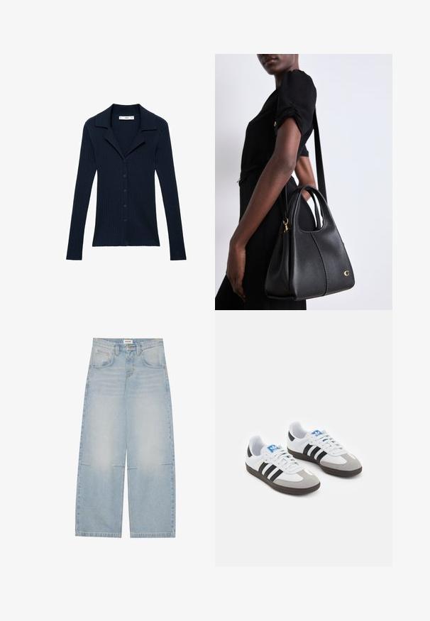 Niebieski kardigan prążkowany z długimi rękawami i spiczastym kołnierzem, z sześcioma guzikami z przodu i teksturowanym wzorem dzianiny.; Dwa bezrękawnikowe body w oliwkowej zieleni i czerni. Wykonane z gładkiego materiału, z okrągłym dekoltem i wysokim krojem nogawki.; Jasnoniebieskie dżinsy o szerokich nogawkach z wysokim stanem, pięcioma kieszeniami i delikatnym wyblaknięciem; mają kontrastowe przeszycia i zapięcie na guzik.; Buty sportowe z białą skórzaną cholewką, szarym zamszowym noskiem i trzema czarnymi paskami. Posiadają niebieskie logo na języku oraz teksturowaną gumową podeszwę.; Czarna skórzana torebka w kształcie hobo, z gładką fakturą, zaokrąglonym szczytem i złotymi akcentami.