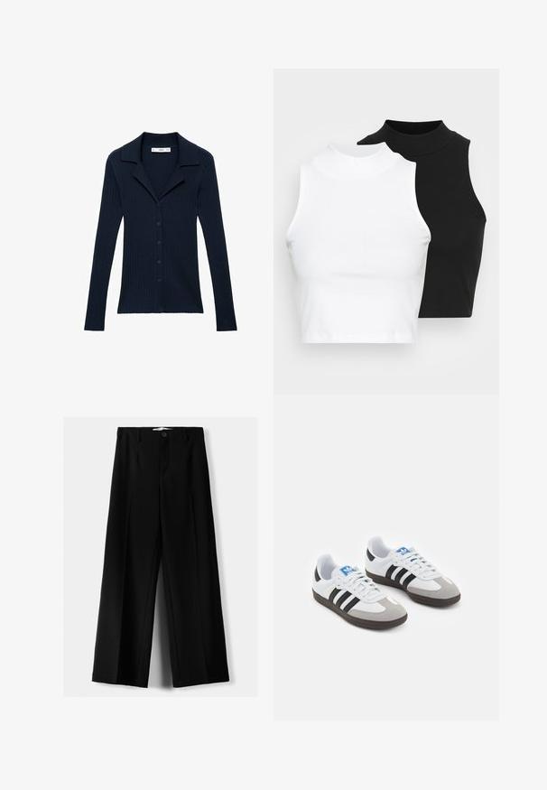 Marinblå ribbad cardigan med långa ärmar och spetsig krage, med sex knappar framtill och en strukturerad stickad design.; Två ärmlösa ribbade polotröjor i svart och vitt, med en figursydd design och slät textur, i en kortad längd.; Svarta vida byxor i lätt material, med knappstängning fram och platt front, samt väl sydda fållar.; Sportskor med överdel i vit läder, grå mocka på tårna och tre svarta ränder. Har en blå logotyp på tungan och en texturerad gummisula.