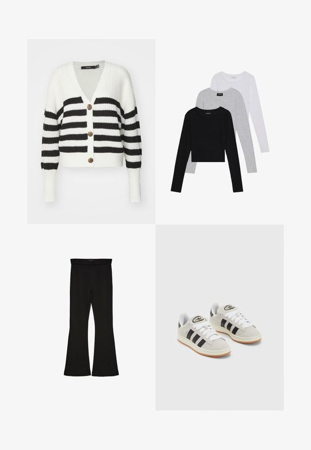 Czarny i biały sweter w paski z dekoltem w serek, trzema brązowymi guzikami i ribbowaną fakturą. Posiada długie rękawy i krótki krój.; Trzy bluzki z długim rękawem ułożone jedna na drugiej: czarna, szara i biała. Każda z okrągłym dekoltem i skróconym fasonem, wykonana z gładkiego, lekkiego materiału.; Czarne legginsy w stylu dzwonów wykonane z elastycznej tkaniny. Posiadają szeroki pas i gładką teksturę, z dopasowanym krojem, który rozszerza się ku dołowi.; Szare zamszowe trampki z białymi sznurówkami, czarnymi paskami i białą gumową podeszwą. Posiadają okrągłe logo na języku oraz gumową podeszwę.