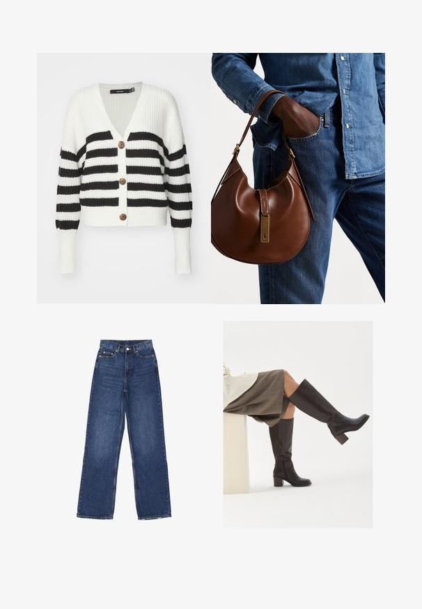 Schwarz-weiße gestreifte Strickjacke mit V-Ausschnitt, drei braunen Knöpfen und gerippter Textur. Sie hat lange Ärmel und eine kurze Passform.; Zwei ärmellose, gerippte Rollkragenoberteile in Braun und Schwarz, auf einem schlichten weißen Hintergrund präsentiert.; Weite blaue Jeans mit hoher Taille, Knopfverschluss, fünf Taschen und subtilen Verwaschungen auf dem Stoff.; Braune Lederstiefel bis zum Knie mit eckiger Zehenpartie, blockiertem Absatz und seitlichem Reißverschluss. Glatte Oberfläche mit polierter Optik.; Braune Leder-Hobo-Tasche mit runder Form, ausgestattet mit goldenen Hardware-Details und kontrastierenden Nähten. Kombiniert mit einem Jeanshemd und Jeans.