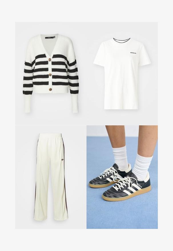 Zwart-wit gestreepte cardigan met een v-hals, drie bruine knopen en een ribbelstructuur. Heeft lange mouwen en een cropped fit.; Witte katoenen t-shirt met korte mouwen en een ronde halslijn. Heeft een zwart Adidas-logo op de borst en een contrasterende zwarte binnenkraag.; Crème-kleurige sweatpants met een relaxte pasvorm, voorzien van donkerbruine zijstrepen en een geborduurd logo op de linkerdij.; Zwarte leren sneakers met witte strepen, ronde neus, witte veters en een gumrubberen zool. Versterkt met een gevoerd kraag en merkdetails.
