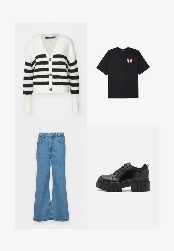 Zwart-wit gestreepte cardigan met een v-hals, drie bruine knopen en een ribbelstructuur. Heeft lange mouwen en een cropped fit.; Zwarte katoenen t-shirt met korte mouwen, voorzien van een kleine roze vlinder graphic op de linkerkant van de borst. Crew neck ontwerp met een relaxte fit.; Lichtblauwe flared jeans van denim, met een hoge taille, vijf zakken en een enkele knoopsluiting. Zachte textuur met een vervaagde afwerking.; Zwarte leren platform schoenen met een stevige blokhak, ronde neus en een traditionele vetersluiting. Kenmerkt zich door een gladde textuur en minimale details.
