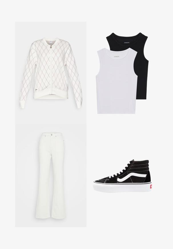 Daily Sports - Bluza rozpinana; Dwie bezrękawniki w kolorze czarnym i białym, wykonane z prążkowanej bawełny, z okrągłymi dekoltami i dopasowanym fasonem. Widoczne etykiety na obu.; Białe dżinsy w stylu dzwonów, wykonane z denimu bawełnianego, z wysokim stanem, zapięciem na guzik i czterema kieszeniami o gładkiej fakturze.; Czarne trampki za kostkę z białymi sznurowadłami, białym logo i kontrastującymi białymi szwami. Posiadają grubą białą podeszwę i teksturowaną zamszową cholewkę.
