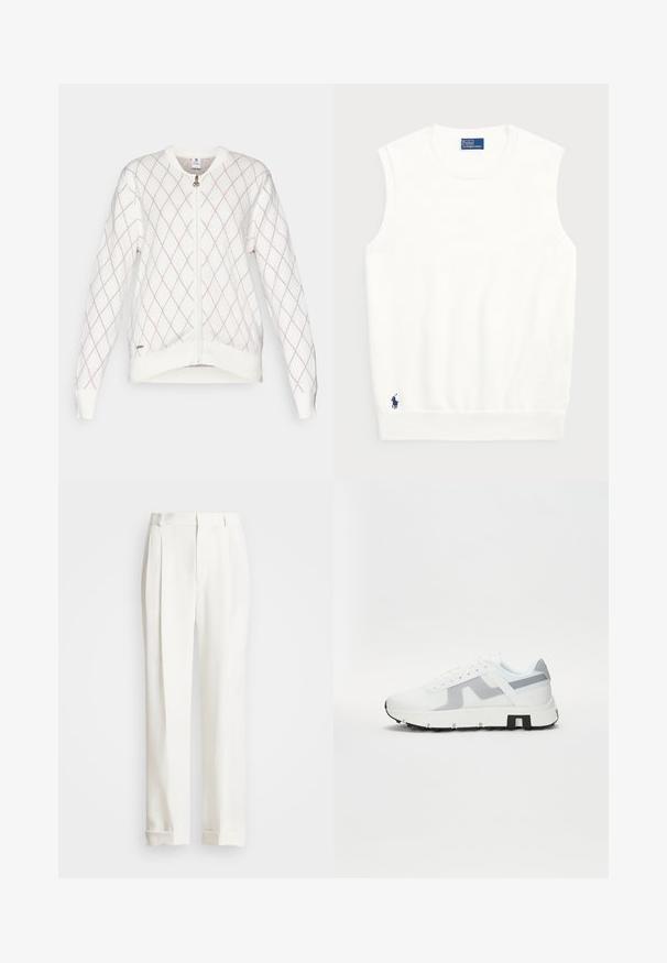 Daily Sports ARGYLE CARDIGAN - Felpa con zip - white/pink; Maglione bianco senza maniche realizzato in cotone liscio, con orlo a coste e un piccolo logo blu navy in basso a sinistra. Design semplice, senza motivi.; Pantaloni bianchi su misura con due pieghe frontali, taglio dritto e orli piegati. Realizzati in tessuto liscio, presentano un design classico.; Sneaker atletica bianca con accenti grigi, upper testurizzato, suola spessa e dettaglio del tallone nero a contrasto. Design con lacci e pannelli in rete.