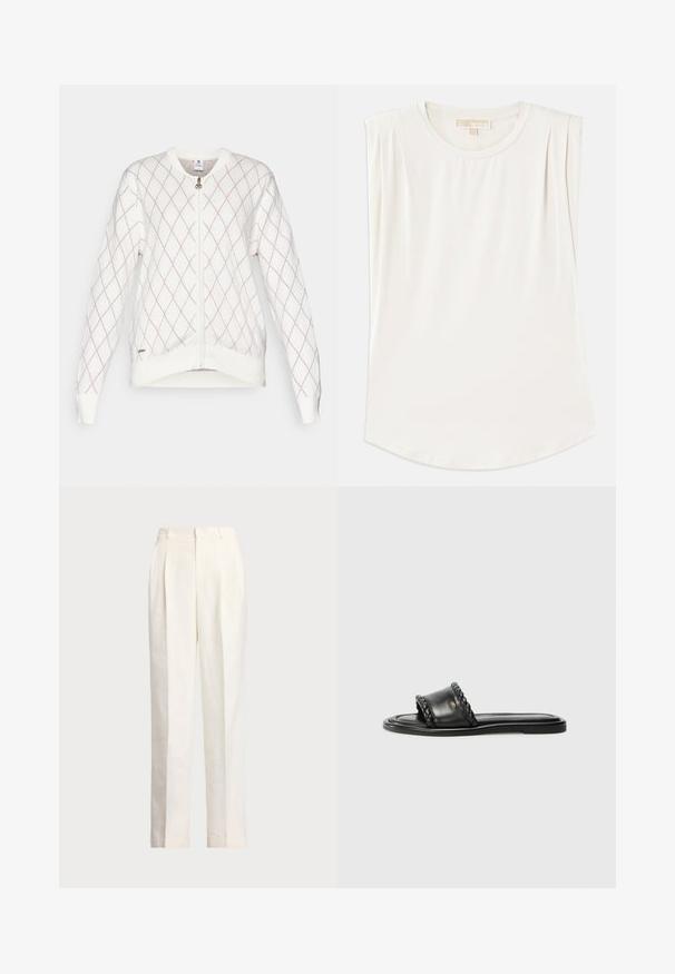 Daily Sports ARGYLE CARDIGAN - Lukuga pusa - white/pink; Valge ilma varrukateta tipp, mis on valmistatud siledast kangast, ümara kaelusega ja õlgadel on peened voldid, millel on kõverdatud alläärega.; Polo Ralph Lauren HEMP WIDE LEG PANT - Püksid - nevis; Mustmust nagu nahast sandaalid, millel on kootud rihm, lame tall, ja Nub kerge disain. Sile tekstuur ja minimalistlik profiil.