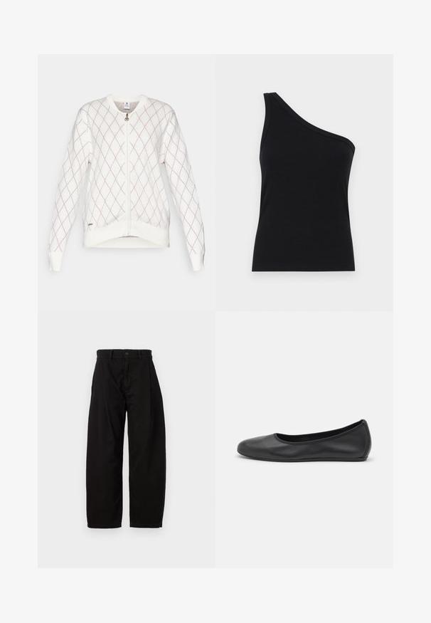 Daily Sports ARGYLE CARDIGAN - Užtrauktuku užsegamas treningas - white/pink; Juosmens juodos spalvos ribotuvas su viena petnešėle, tinkamu dizainu ir minkšta tekstūra. Išskirtinis švarus, minimalistinis kirpimas ir sklandus iškirpimas.; Juodos plačios kojų kelnės, pagamintos iš medvilnės, su mygtuku ir užtrauktuku, turinčios priekinę klostę ir šonines kišenes.; Juodai odiniai baletai su apvaliu pirštu, lygi texture, minimalus siuvimo detales ir lanksčiu padų dizainu.