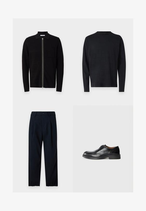 Pulover negru cu fermoar, cu guler și un buzunar pe piept. Fabricat dintr-un material moale, texturat. Dispune de un fermoar pe toată lungimea și mâneci lungi.; Cămașă neagră cu mâneci lungi, dintr-un material moale. Are un guler de tip crew și umeri căzuți. Textură netedă, fără modele vizibile.; Pantaloni bleumarin dintr-un material neted, cu o talie ajustată, elastică și un picior conic cu manșete elastice la glezne.; Pantof black din piele cu vârf rotunjit, suprafață netedă, accente cu șireturi și o talpă joasă din cauciuc texturat. Linii curate și un design minimalist.