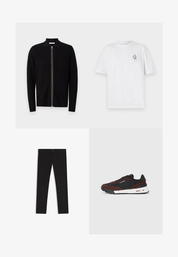 Black zip-up sweater with a collar and a chest pocket. Made from soft, textured fabric. Features a full-length zipper and long sleeves.; White cotton t-shirt with a relaxed fit, featuring a small black graphic logo on the left chest area. Short sleeves, crew neck style.; Black trousers made of fabric with a smooth texture. Features a button closure, belt loops, and side pockets. Standard straight-leg design.; Tommy Hilfiger RETRO RUNNER MIX - Trainers - black/cocoa
