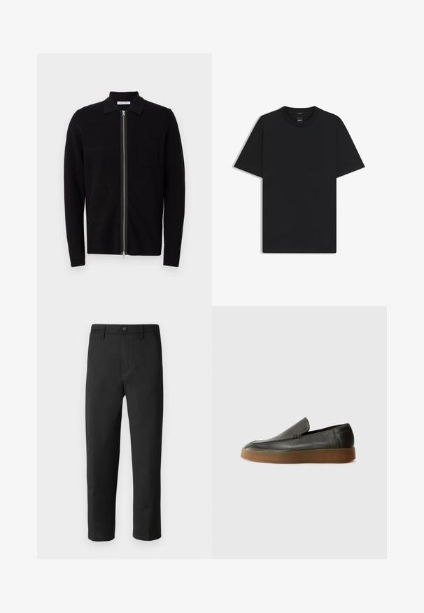 Schwarzer Reißverschluss-Pullover mit Kragen und einer Brusttasche. Hergestellt aus weichem, strukturiertem Stoff. Verfügt über einen durchgehenden Reißverschluss und lange Ärmel.; Schwarz T-Shirt mit kurzen Ärmeln aus einem glatten Baumwollmix, mit Rundhalsausschnitt und einem minimalistischen Design ohne Muster oder Akzente.; Schwarze Hose mit geradem Schnitt, aus glattem Stoff gefertigt. Verfügt über einen Knopfverschluss und Gürtelschlaufen. Keine sichtbaren Muster oder Akzente.; Calvin Klein HYBRID CUP - Slipper - after dark