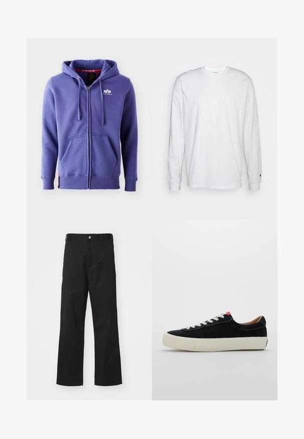 Fialová mikina na zips vyrobená z mäkkého materiálu, s logom na prednej strane, kapucňou na šnúrku a dvoma prednými vreckami, s rebrovanými manžetami a lemom.; Biela dlhá bavlnená tričko s dlhým rukávom. Dizajn s okrúhlym výstrihom a rebrovanými manžetami, malá nášivka na ľavom rukáve. Hladká textura.; Čierne nohavice vyrobené z odolnej látky so zarovnaným strihom, s predným zapínaním na gombík, pások na opasok a bez viditeľných vzorov alebo akcentov.; Čierne textilné tenisky s bielymi šnúrkami, béžovou gumovou podrážkou a červeným akcentom na päte. Zakrivená špička a minimálne prešívanie.