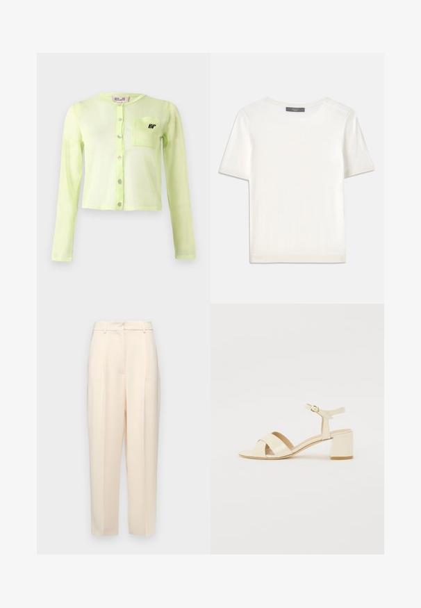 Cardigan lung cu maneci lungi, transparent, de culoare verde deschis, cu inchidere cu nasturi și o mică buzunare pe piept ce prezintă un logo negru "BP".; Top tricotat alb cu mânecă scurtă, cu decolteu rotund, având o textură netedă și accente subtile cu nervuri la mâneci și la margine.; Pantaloni bej, ajustați, cu o croială dreaptă, dotati cu pliuri în față, o textură netedă și o talie medie. Fără buzunare vizibile.; Sandale cu toc din piele patent bej, cu un design cu curea încrucișată, vârf deschis, curea ajustabilă la gleznă și toc pătrat. Textură netedă.
