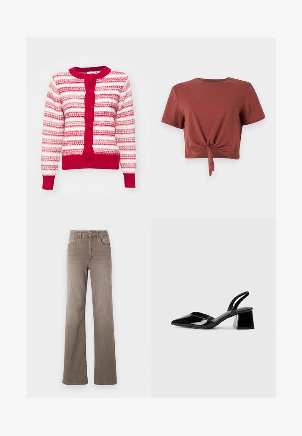 Raudonai ir balti dryžuotas kardiganas su apvaliu kaklu, tekstūrinio mezgimo ir mygtukų užsegimu. Ilgos rankovės ir patempimais apvadu bei apačia.; Rudens spalvos trumpas medvilninis marškinėliai su trumpomis rankovėmis ir suknietu priekyje. Lygus paviršius, apvalus kaklo išpjova.; Rudos aukšto liemens tiesios kojos džinsai su priekyje esančiu mygtuku, dirželio kilpomis ir klasikiniu penkių kišenių dizainu baltoje fone.; Juodos lakuotos odinės šlepetės su smailiu pirštu ir geometriniu bloko kulnu. Turi elegantišką, minimalistinį dizainą ir lygų paviršių.