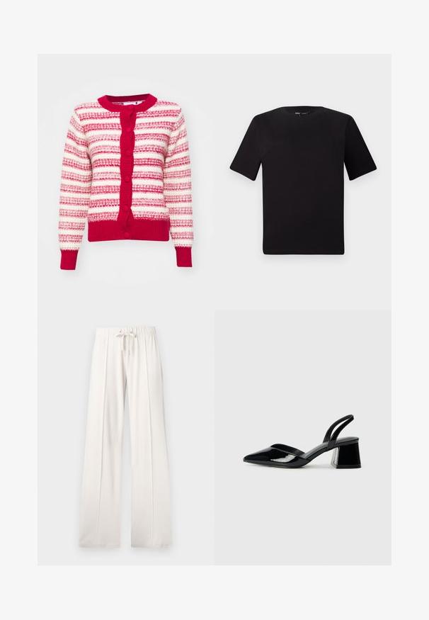 Rdeča in bela črtasta jopica s krožnim vratnim izrezom, teksturirano pletenino in gumbi. Ima dolge rokave ter rebrast rob in obrobo.; Črna majica s kratkimi rokavi in okroglim izrezom, izdelana iz mehkega bombažnega materiala. Preprost dizajn, brez vidnih logotipov ali vzorcev.; Svetlo bež trenirke, izdelane iz mehkega blaga, s punch rezom v pasu, širokimi nogami in vertikalnimi šivi ter gladko teksturo.; Črne lakirane slingback pete s koničastim nosom in geometrijsko blokasto peto. Imajo eleganten, minimalističen dizajn in gladko teksturo.