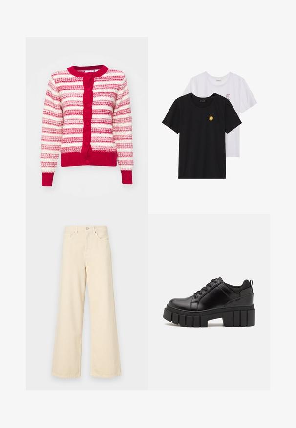 Punane ja valge triibuline avatud kardigan ümmarguse kaelusega, tekstuuriga kudum ja nööpide sulgemine. Omab pikki varrukasid ning soonikkoes mansette ja hemmi.; Mustvalged ja valged T-särgid, ümar kaelus, lühikesed varrukad. Must särgile on tikitud kollane päike; valgel särgil on lillakate poolkuu aktsent.; Bežid laiad teksad, mis on valmistatud puuvillast. Omab nööbilukku, vöökohakujusid ja eesmine taskuid, millel on sile ja pehme tekstuur.; Must musta platvormsussid paksu plokkninal, ümmarguse varbaga ja traditsioonilise nööridega kinnitamisega. Sussid on sileda tekstuuriga ja minimaalsete detailidega.