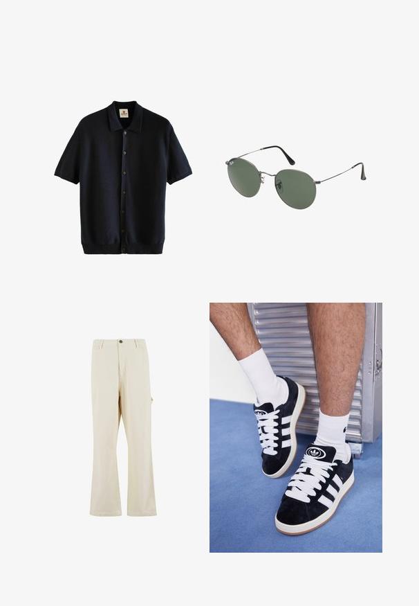 Next BUTTON THROUGH REGULAR FIT - Kardigán - navy; Čierne bavlnené tričko s výstrihom do okrúhla, krátkymi rukávmi a rovný lem. Hladká textura; jednoduchý, nezdobený dizajn.; Béžové nohavice s širokým strihom vyrobené z látky s prímesou bavlny s uzáverom na gombík. Obsahujú bočné vrecká a majú jemnú textúru. Viditeľné švy.; Čierne semišové tenisky s bielymi šnúrkami a tromi bielymi pruhmi. Obsahujú kruhové čierne logo na jazyku a gumovú podrážku.; Sunglass s metalovým rámom s oválnymi zelenými šošovkami. Tenký strieborný kovový rám a čierne štuple za uši. Minimalistický dizajn, bez viditeľných log.