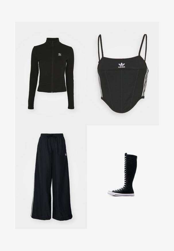 Jachetă neagră cu fermoar, cu mâneci lungi, fabricată dintr-un material texturat, având un mic logo al Adidas de culoare albastră pe partea stângă a pieptului.; Top scurt negru cu nervuri, cu bretele subtiri ajustabile, având trei dungi albe pe laterale și un mic logo alb Adidas în centru.; Pantaloni negri cu picioare largi, realizati dintr-un material usor. Au un bmband elastic cu snur si dungi albe pe lateral. Logo-ul brandului este pe sold.; Adidași negri cu glezna înaltă, cu un design elevat, realizați din pânză. Acestia au șireturi albe, cusături și o talpă din cauciuc cu capac pentru degete.