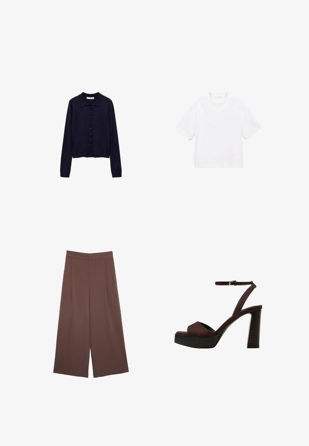 Mango Vesta na kopčanje - royal blue; Bijela pamučna majica kratkih rukava s okruglim izrezom. Jednostavan dizajn, slobodan kroj, glatka tekstura. Nema vidljivih uzoraka ili akcenta.; Smeđe hlače širokog kroja s glatkom teksturom, koje imaju visok struk i nabore sprijeda. Tkanina je lagana i slobodno se kreće.; Smeđe zamšaste sandale s visokim potpeticama, otvorenim prstima, podesivom trakicom oko gležnja i prugastom platformom.